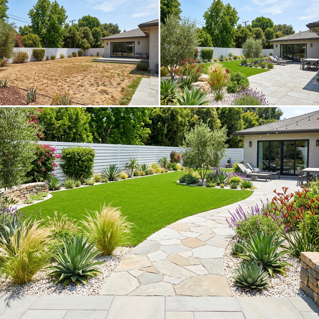 After landscaping transformation - lush green garden with stone pathway