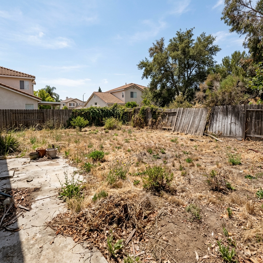 Before landscaping transformation - overgrown neglected yard